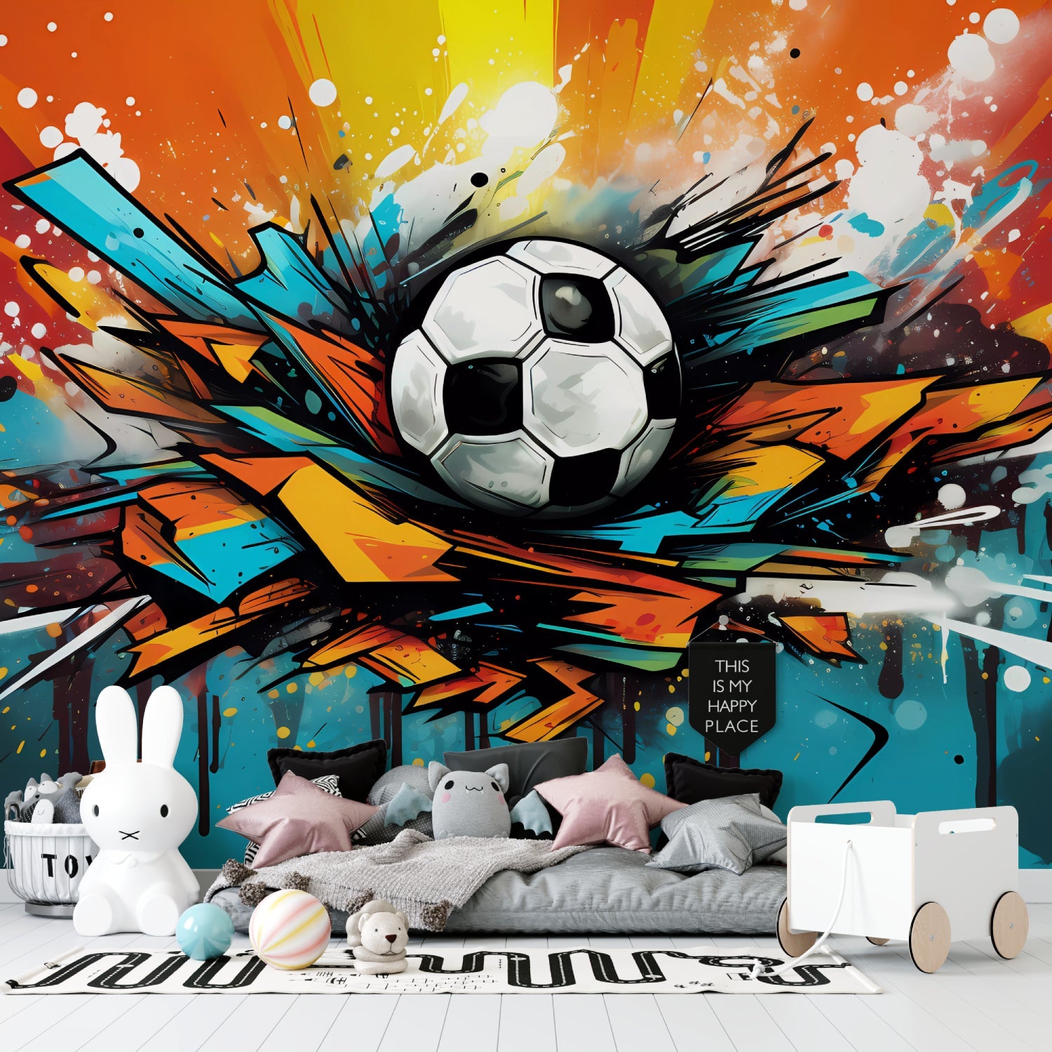 Graffiti football wallpaper in community center recreation room