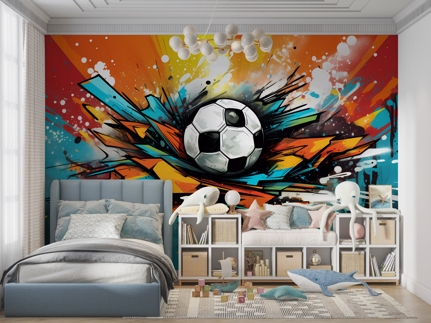Urban football mural in home gym with training zone setup