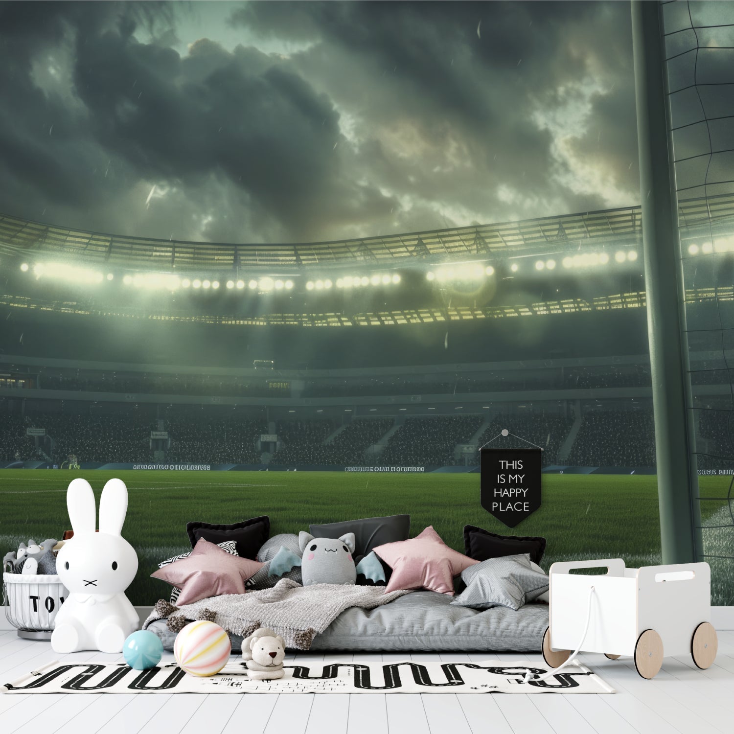 Sports arena wallpaper creating depth in teen bedroom, stadium lights glowing through storm clouds