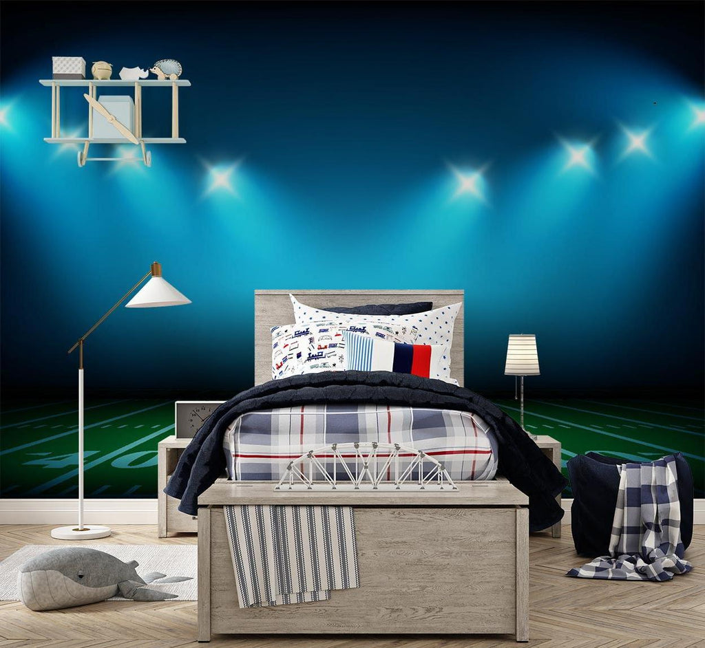 Sports stadium mural wallpaper transforming a teen bedroom with stunning arena atmosphere
