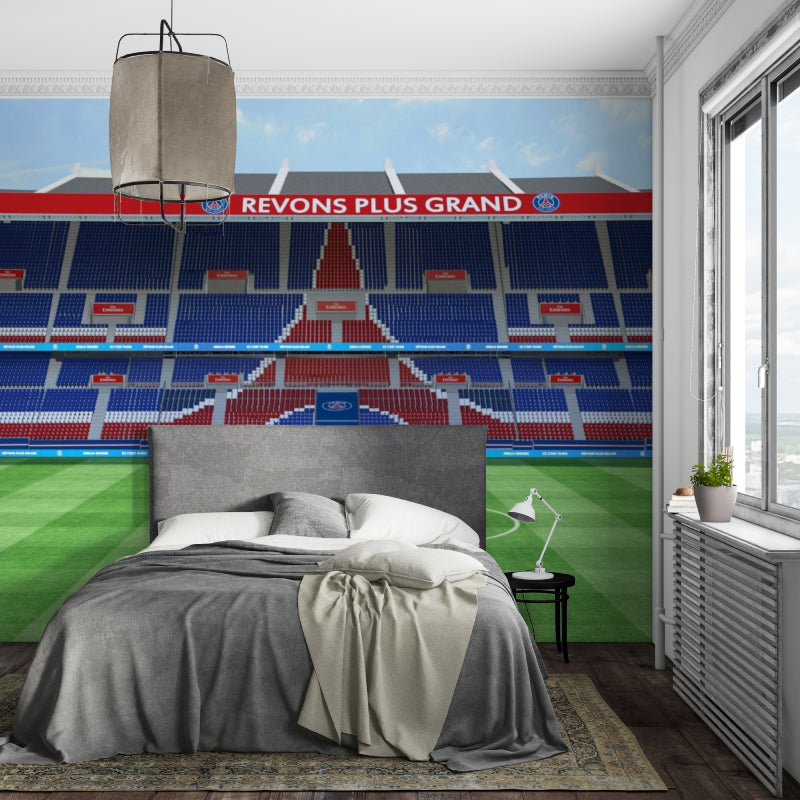 Stadium mural wallpaper creating sports theme in teen bedroom