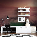 Football stadium wallpaper mural bringing energy to a modern living room with sunset sky backdrop