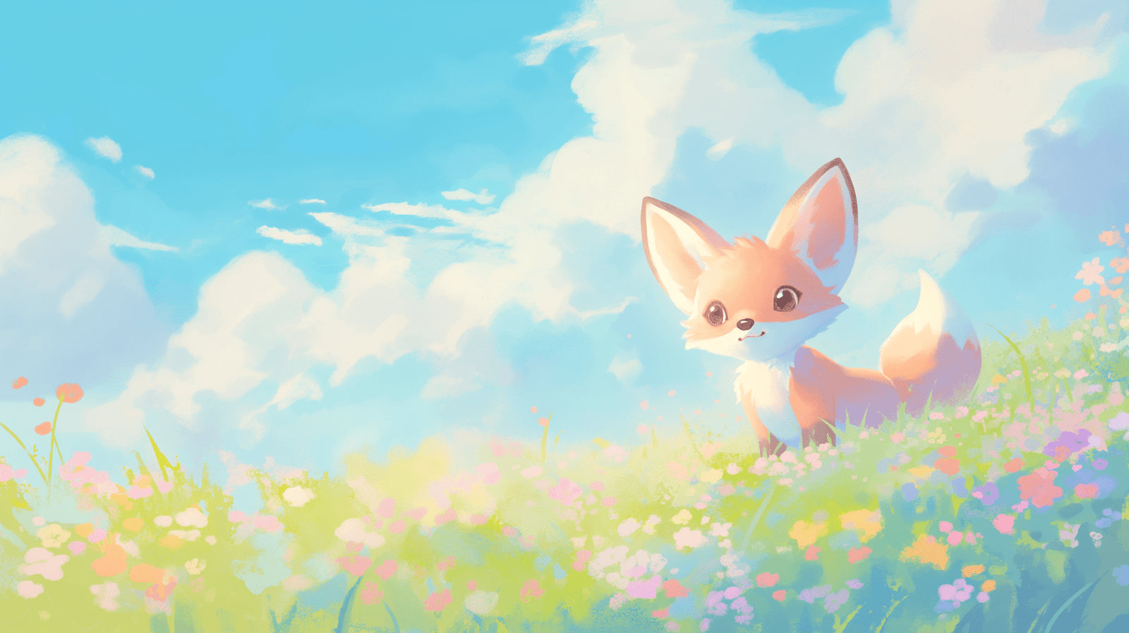 Forest animal wallpaper design file showing cute fox in pastel meadow with watercolor flowers