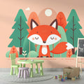 Forest fox wallpaper bringing woodland charm to a modern nursery with coral and green accents