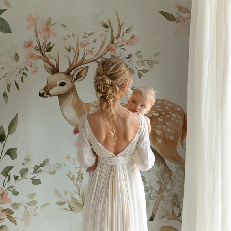 Pink floral deer wallpaper in modern playroom setting