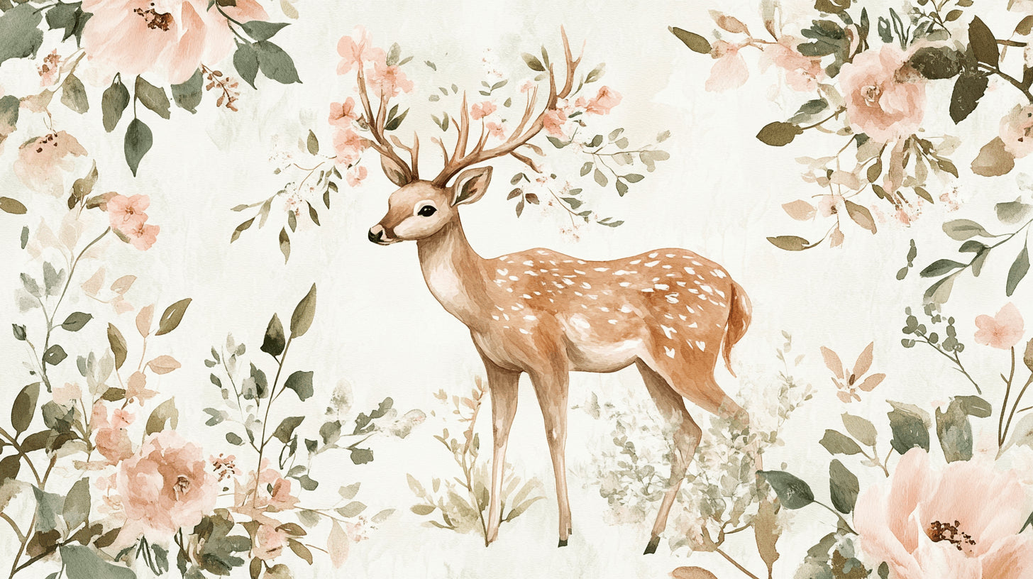 Deer and pink flowers wallpaper design file showing full pattern detail