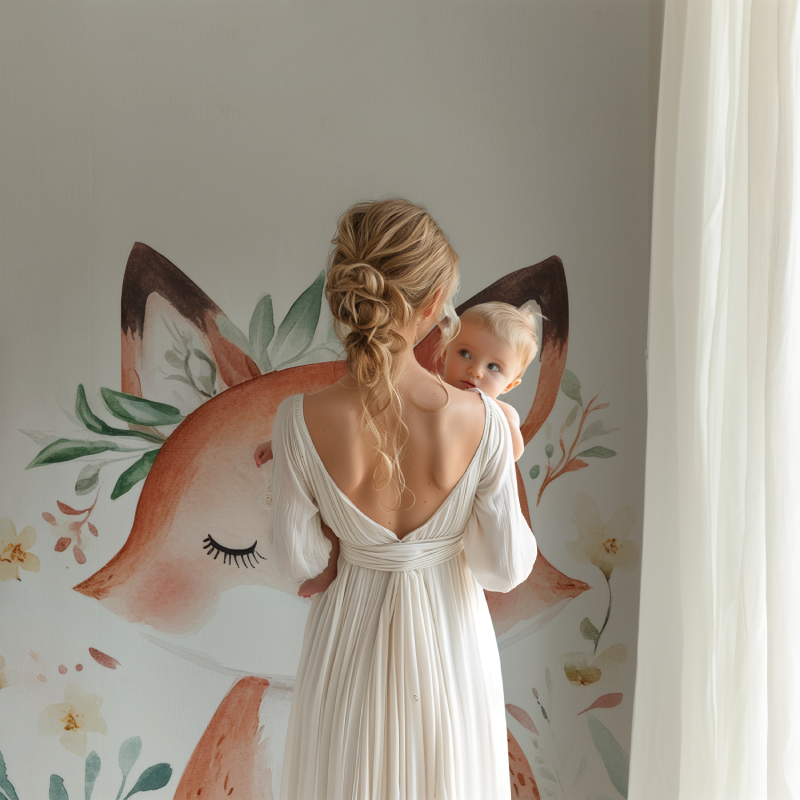 Fox nursery wallpaper creating calm atmosphere in modern children's bedroom