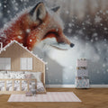 Forest animal wallpaper with snow fox shown in a modern Scandinavian living room, creating a cozy winter atmosphere
