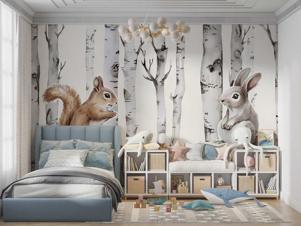 Woodland Animal Mural creating magic in kids playroom with reading nook