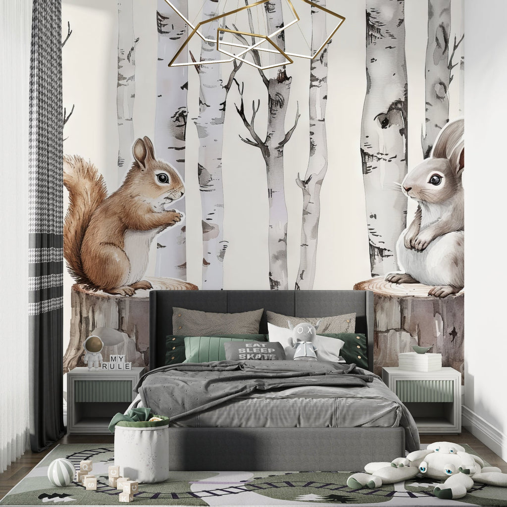Woodland Friends Wallpaper making statement in baby room with white furniture
