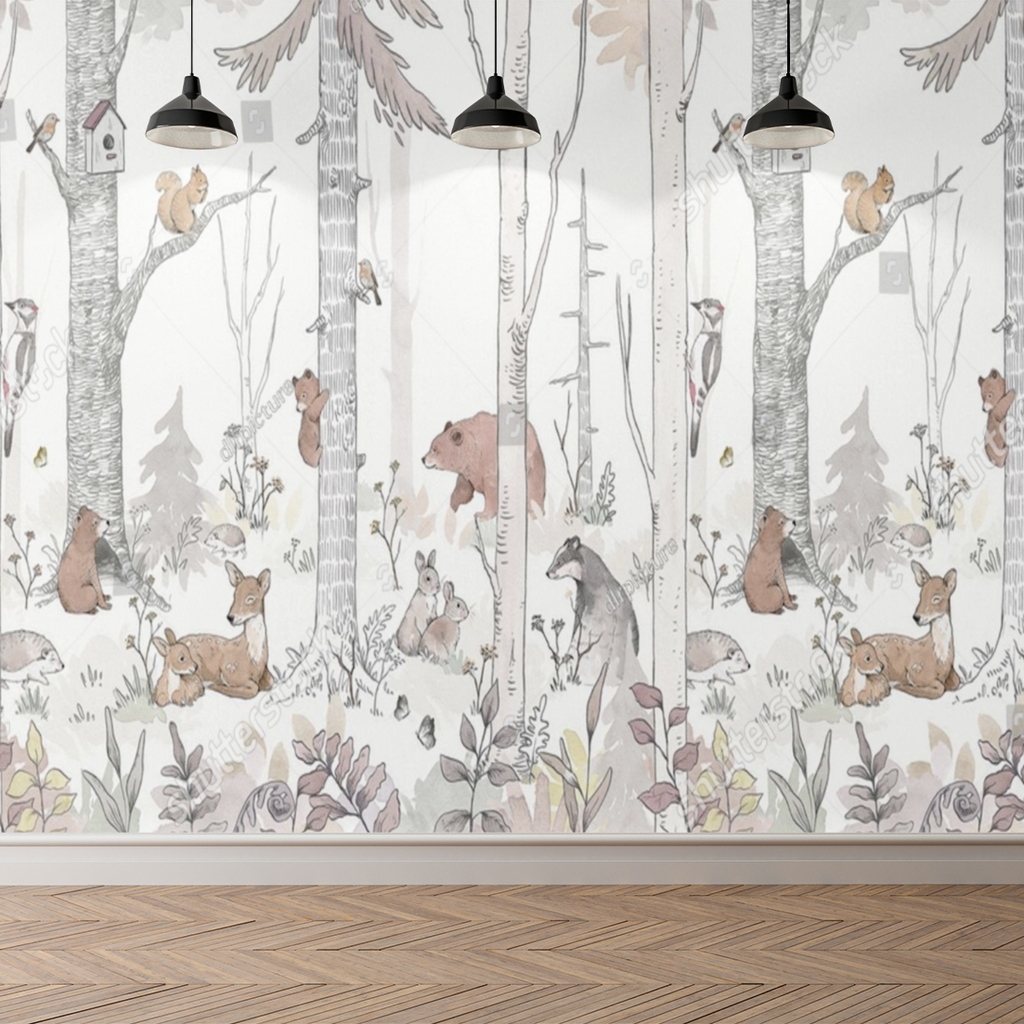 Woodland animals line art mural displayed in a children's playroom with natural wood elements