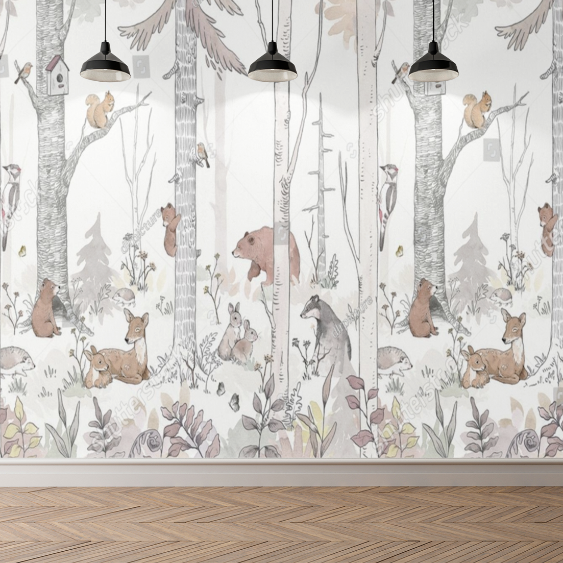 Woodland animals line art mural displayed in a children's playroom with natural wood elements
