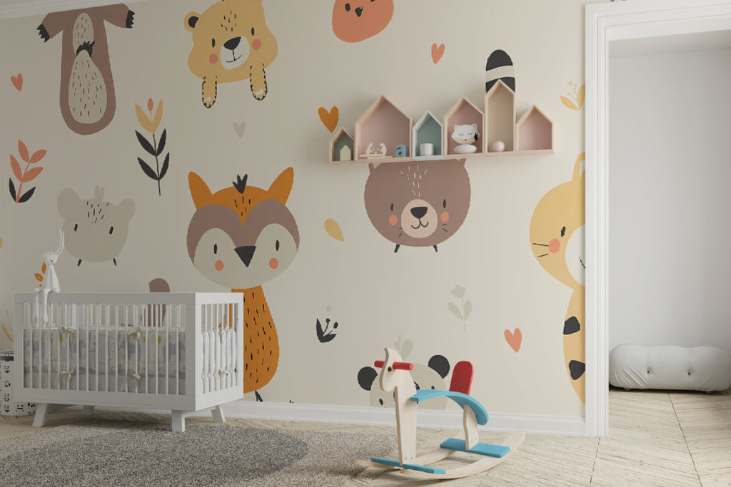 Forest nursery wallpaper in playroom setting with natural wood accents