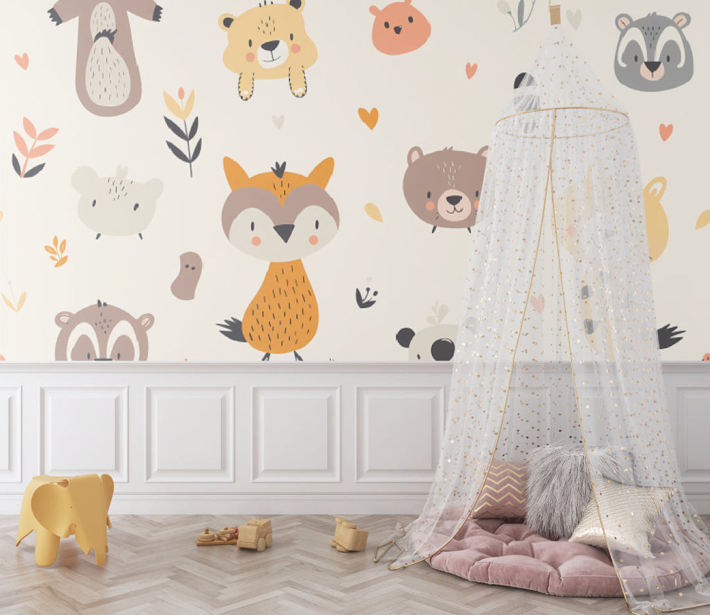 Forest animals wallpaper in bright nursery with white crib and natural decor