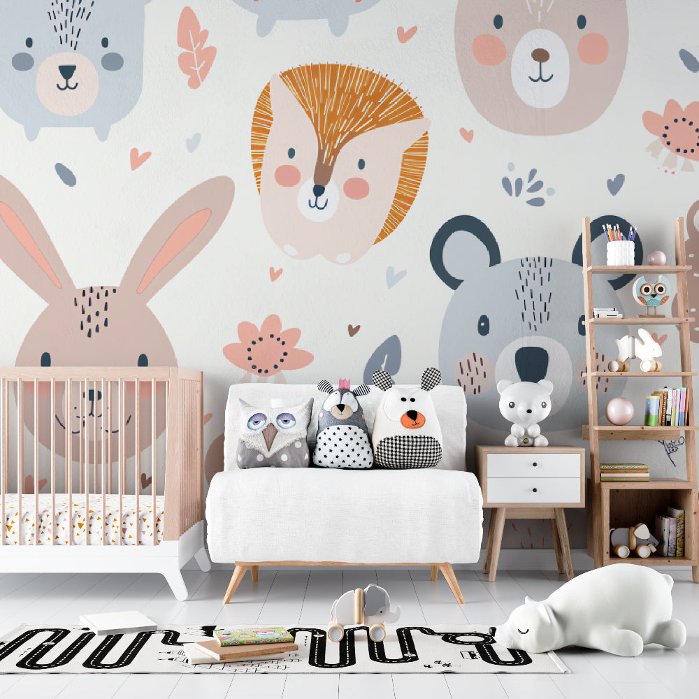 Forest animals wallpaper creating sweet atmosphere in playroom with soft toys and reading corner