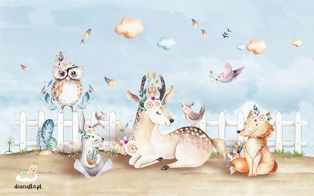 Forest animals wallpaper design file showing detailed deer and birch tree pattern with mint accents