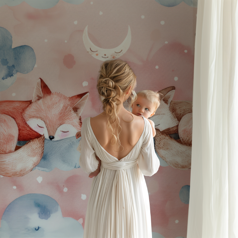 Baby room with forest animals wallpaper showing full wall installation