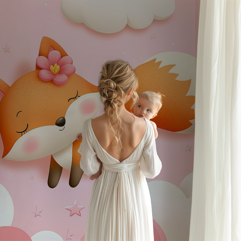 Pink fox wallpaper mural in a modern children's bedroom with white furniture