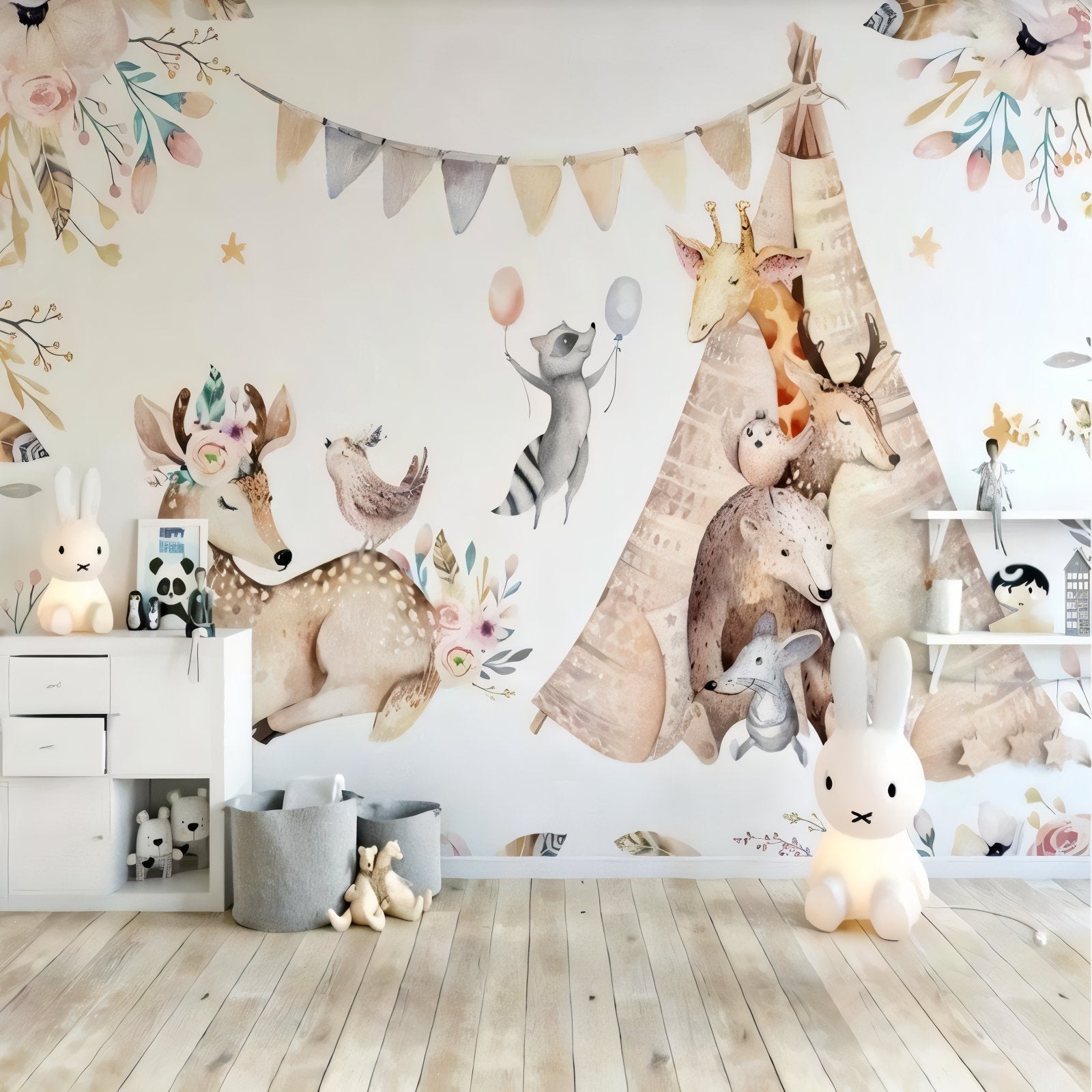 Forest animals wallpaper in bright nursery with white furniture showing enchanted deer and butterflies
