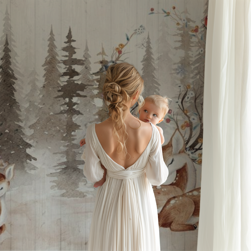 Forest mural with deer in a modern kids bedroom with wooden accents