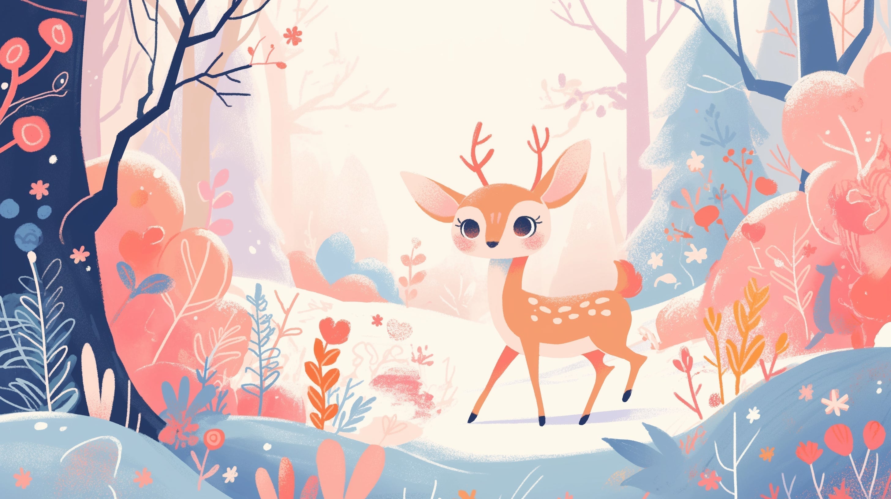 Forest Animals Wallpaper displayed in a bright nursery, showing a gentle deer and pink flowers creating a magical atmosphere