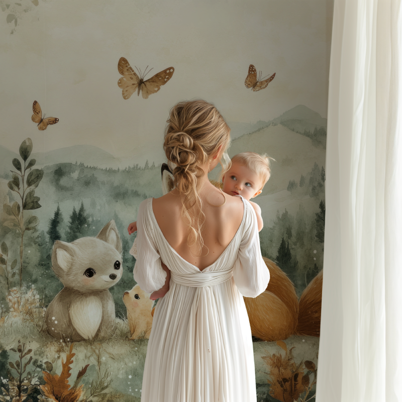 Forest animals wallpaper creating a cozy atmosphere in a modern nursery with soft lighting