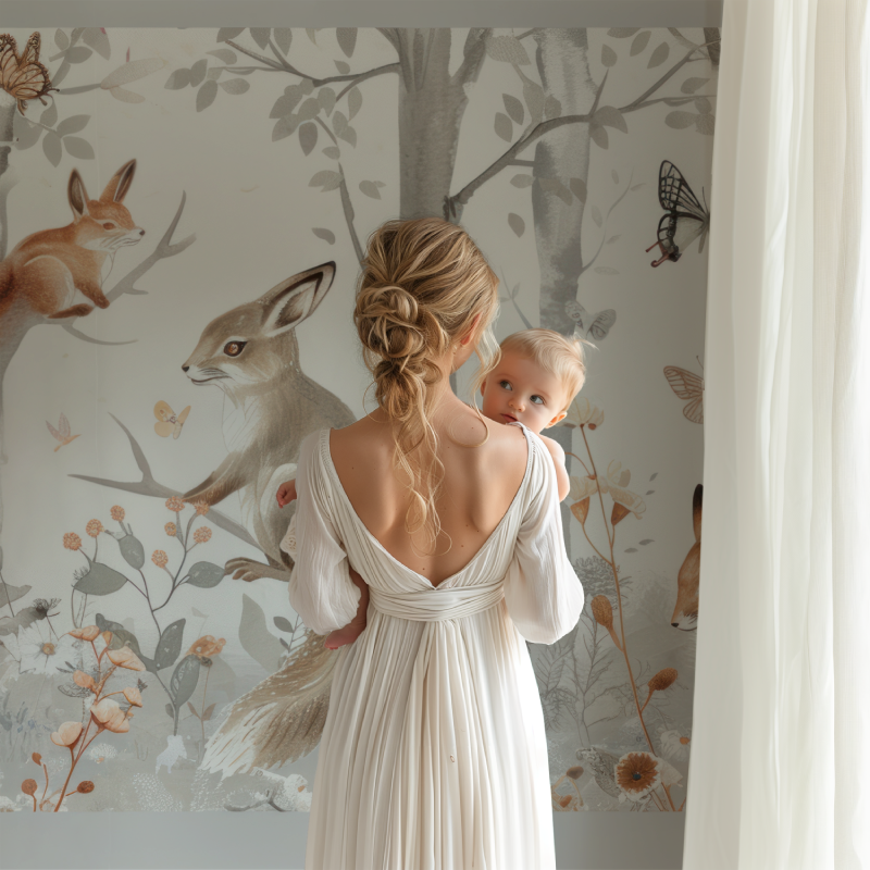 Forest animals wallpaper creating cozy atmosphere in modern nursery with white furniture and natural light