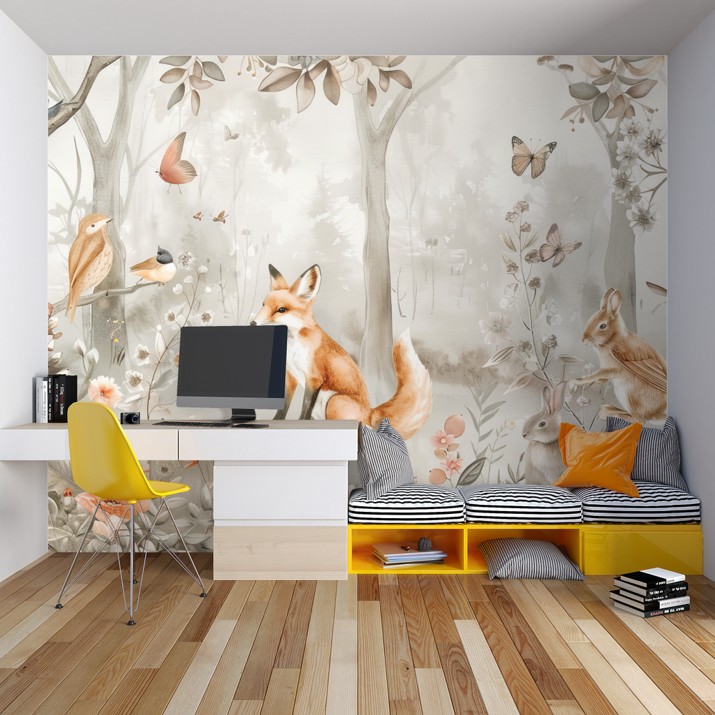 Woodland fox mural bringing natural charm to a child's bedroom with neutral decor