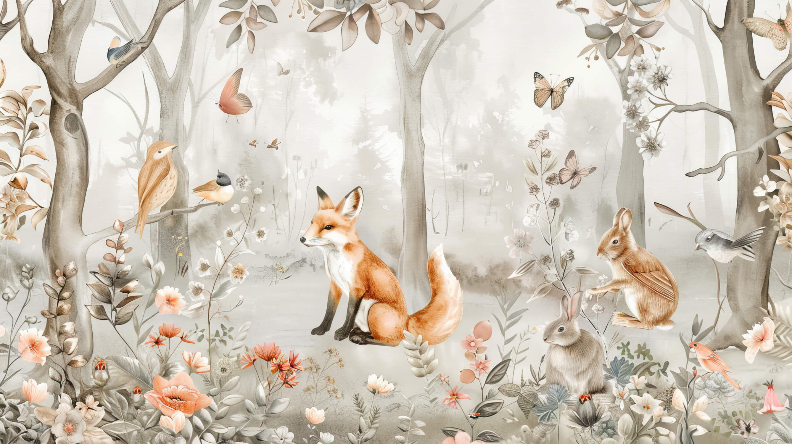 Forest animals wallpaper design file showing detailed fox and butterfly pattern in soft earth tones