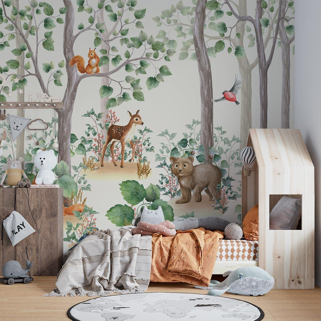 Forest Animals Wallpaper creating a cozy reading nook in a modern nursery with natural lighting