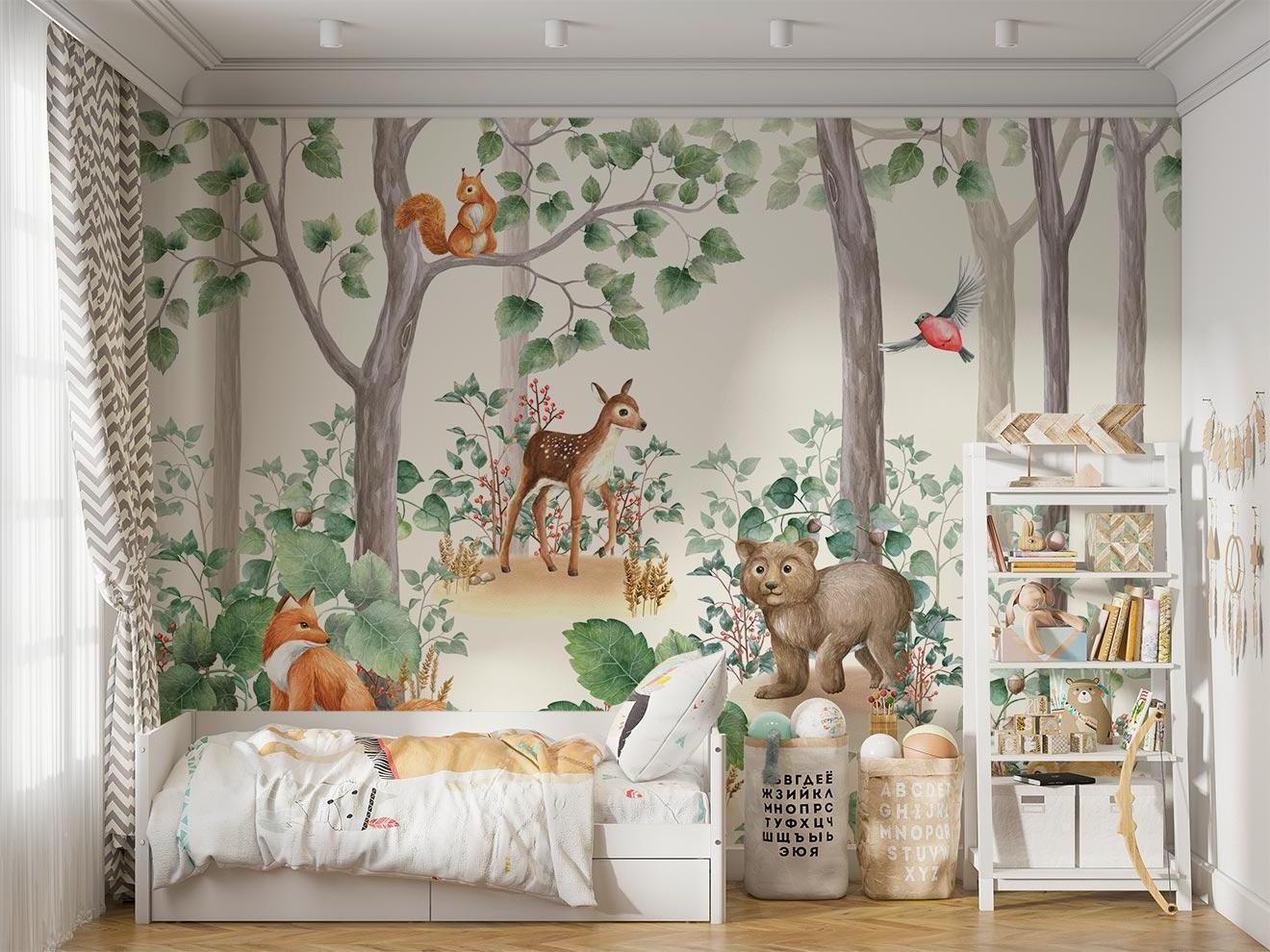 Woodland Animals Mural transforming a child's bedroom with gentle forest scenes and playful creatures