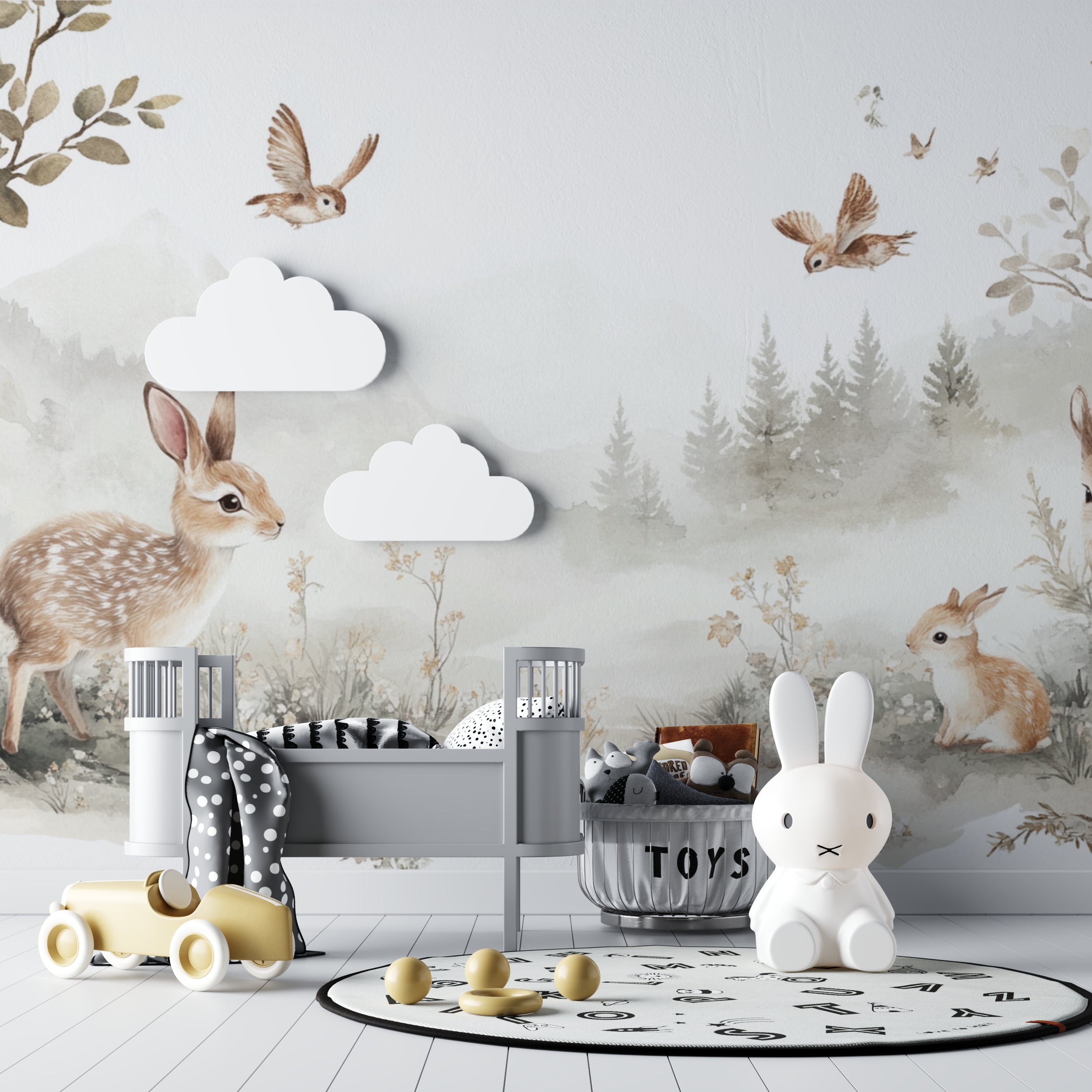 Woodland Animal Mural in peaceful kids reading nook with soft cushions