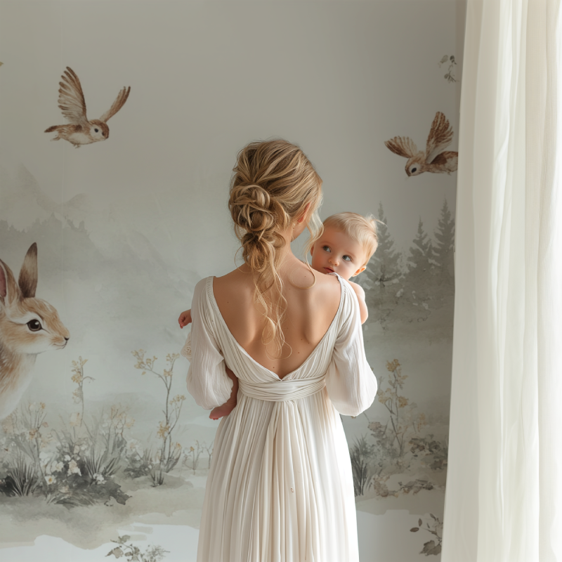 Enchanted Forest Mural in minimalist children's bedroom with natural light