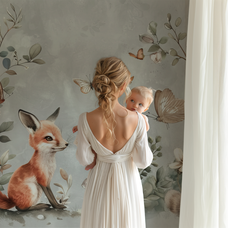 Woodland fox wallpaper bringing charm to a cozy reading nook with soft cushions