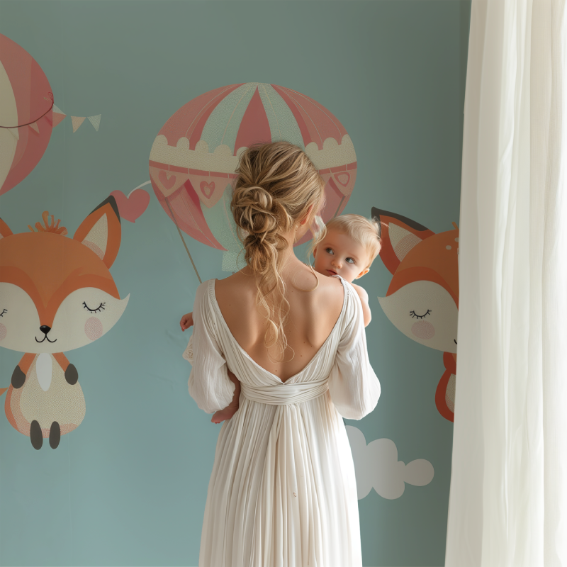 Forest Animals Wallpaper in cozy nursery with rocking chair and soft lighting, showing floating fox and pink balloons