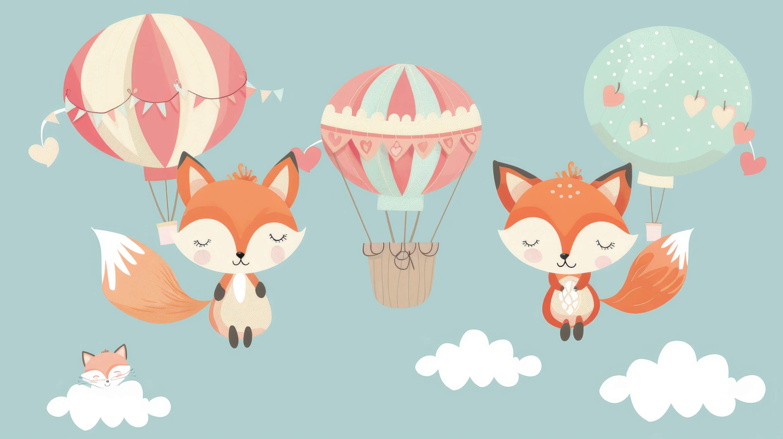 Fox and hot air balloon design file showing full pattern with gentle pastel colors and floating hearts