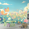 Forest animal wallpaper featuring a fox in meadow scene, styled in a bright nursery with natural wood furniture