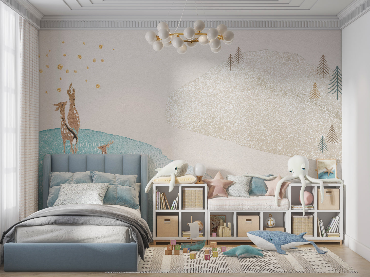 Mountain scene wallpaper with deer in cozy reading nook, perfect for kids bedroom retreat