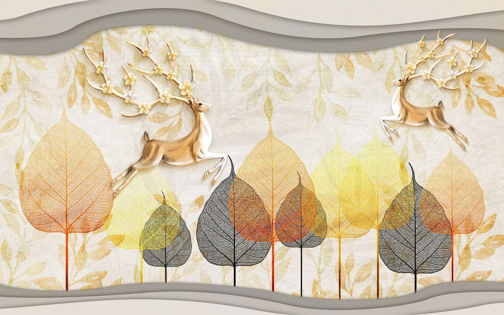 Golden Deer Wallpaper creating focal point in master bedroom, warm evening lighting
