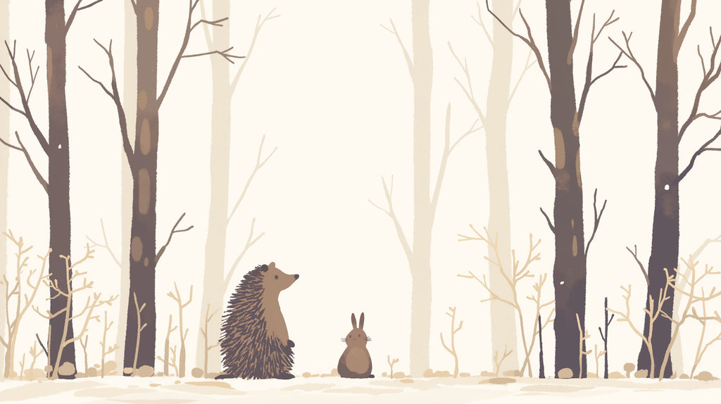 Forest animals wallpaper design file showing hedgehog and rabbit characters in misty woodland scene