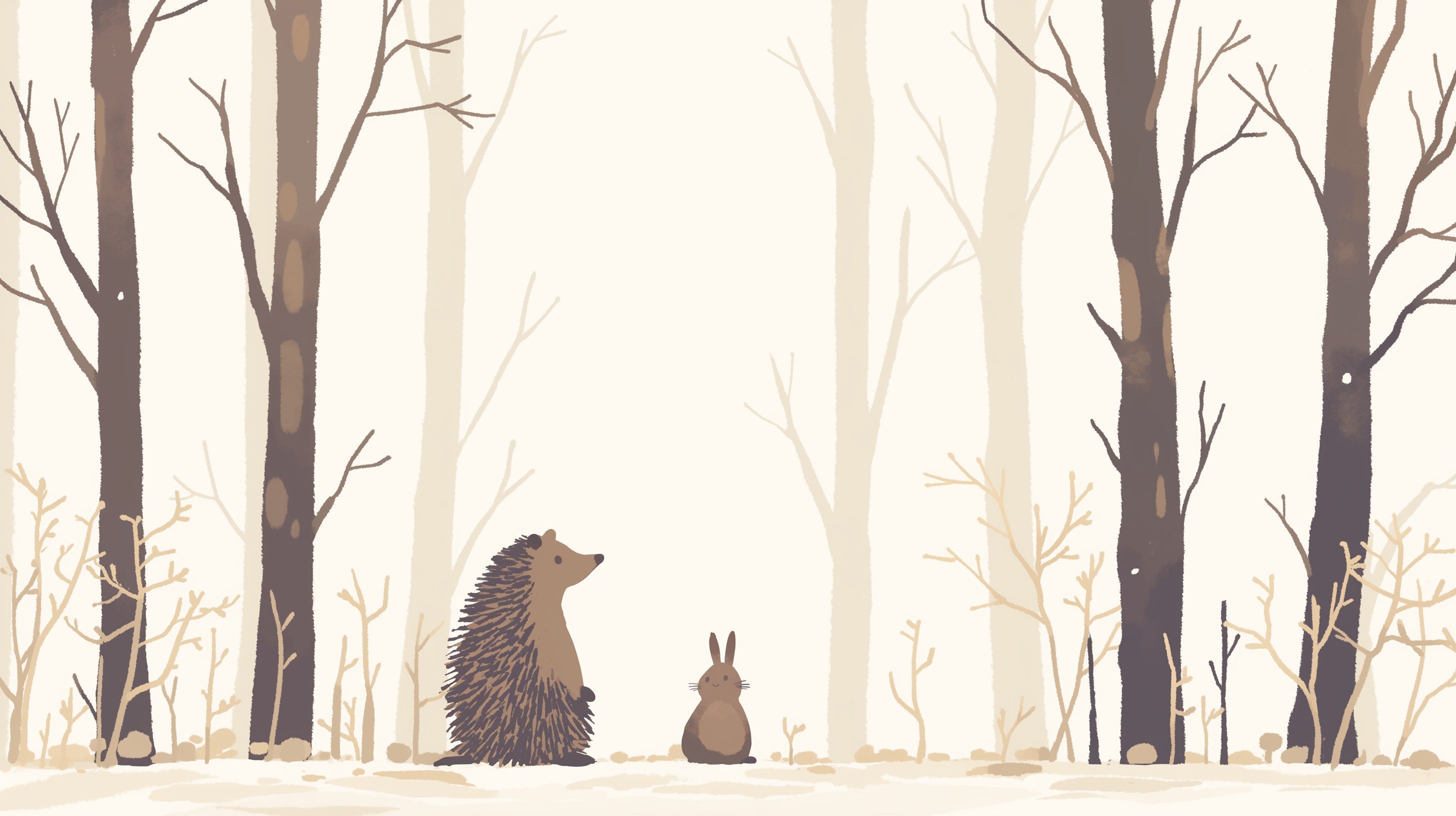 Forest animals wallpaper design file showing hedgehog and rabbit characters in misty woodland scene
