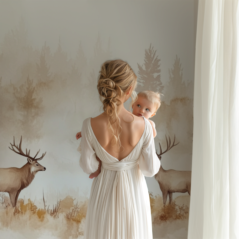 Nature Wall Mural in home office setting with deer and misty forest theme