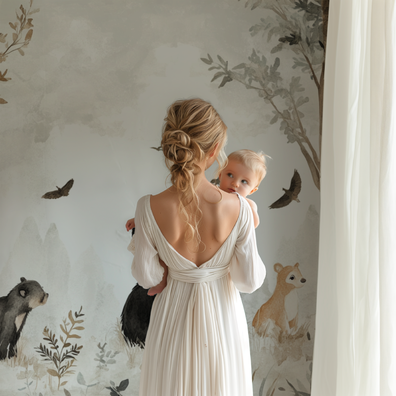 Forest animal wallpaper bringing nature into baby room with neutral decor and warm lighting