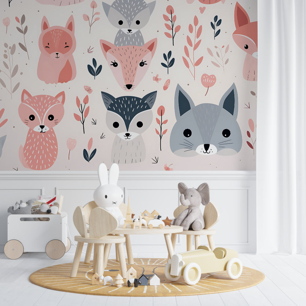 Forest animals wallpaper in bright nursery with white furniture, showing pink fox pattern
