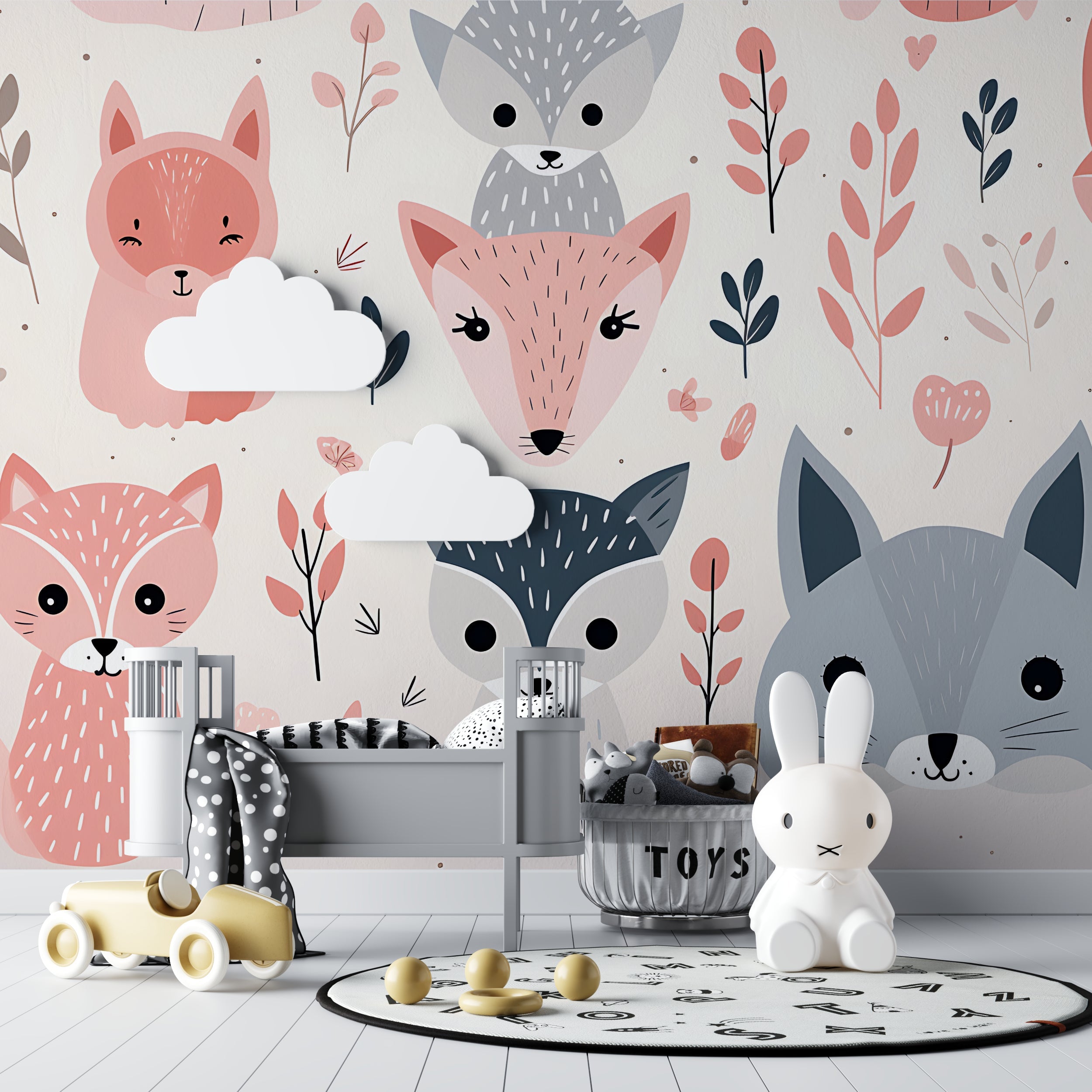 Forest animals mural in girl's bedroom with pink accents
