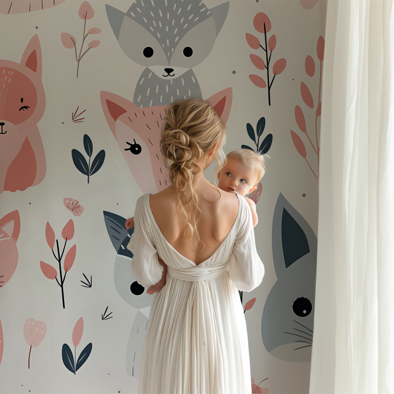 Nursery animal wallpaper styled with natural wood furniture