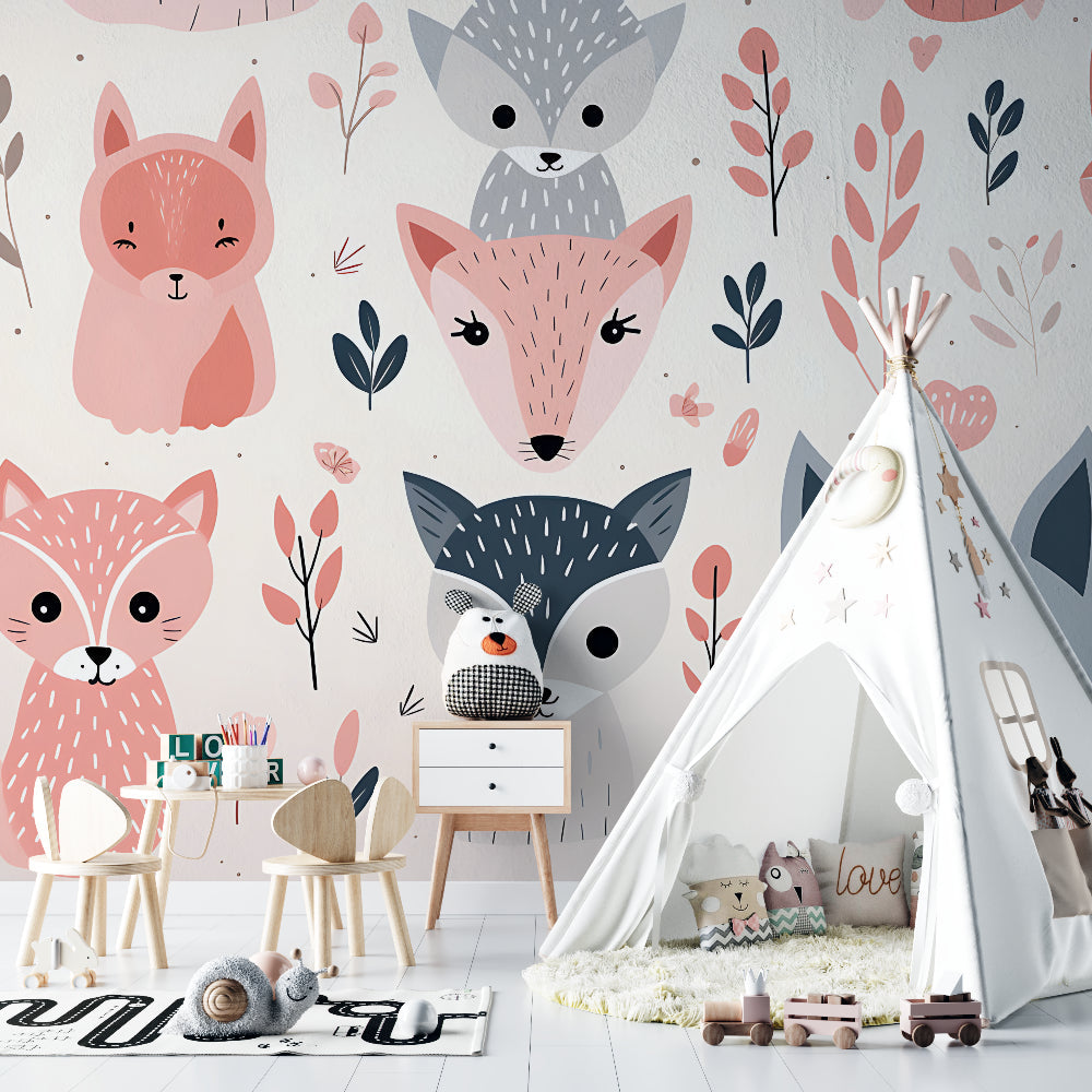 Pink and grey fox pattern in modern playroom setting