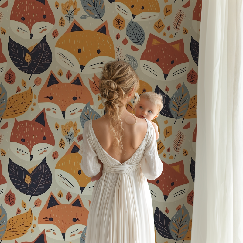 Forest Animals Wallpaper shown in bright nursery with white furniture and natural lighting