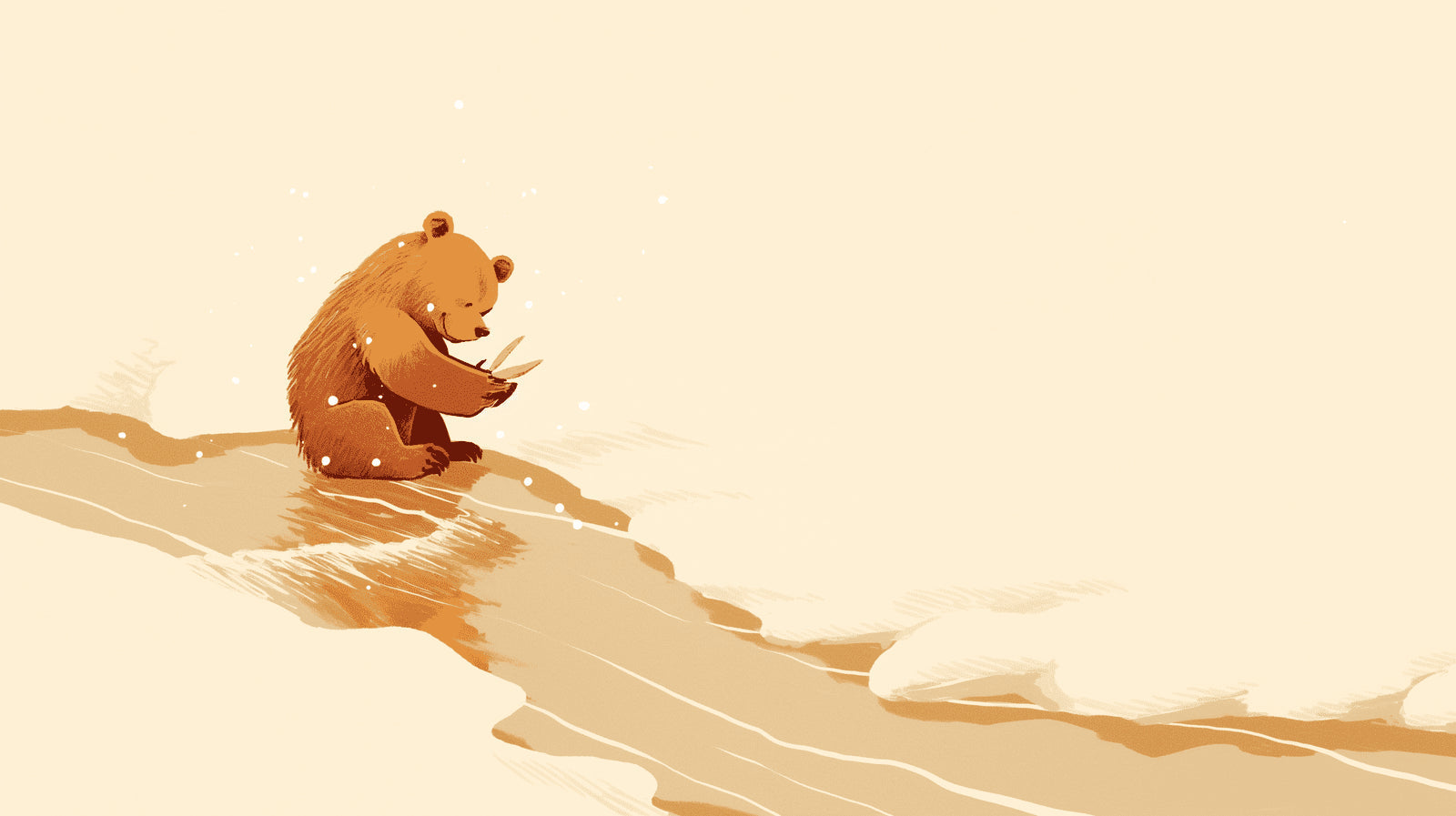 Reading bear wallpaper in child's bedroom, soft winter colors blend with natural decor