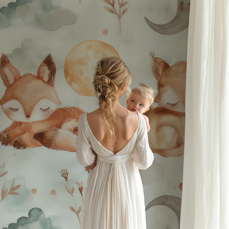 Woodland fox wallpaper featured in children's reading nook with floor cushions